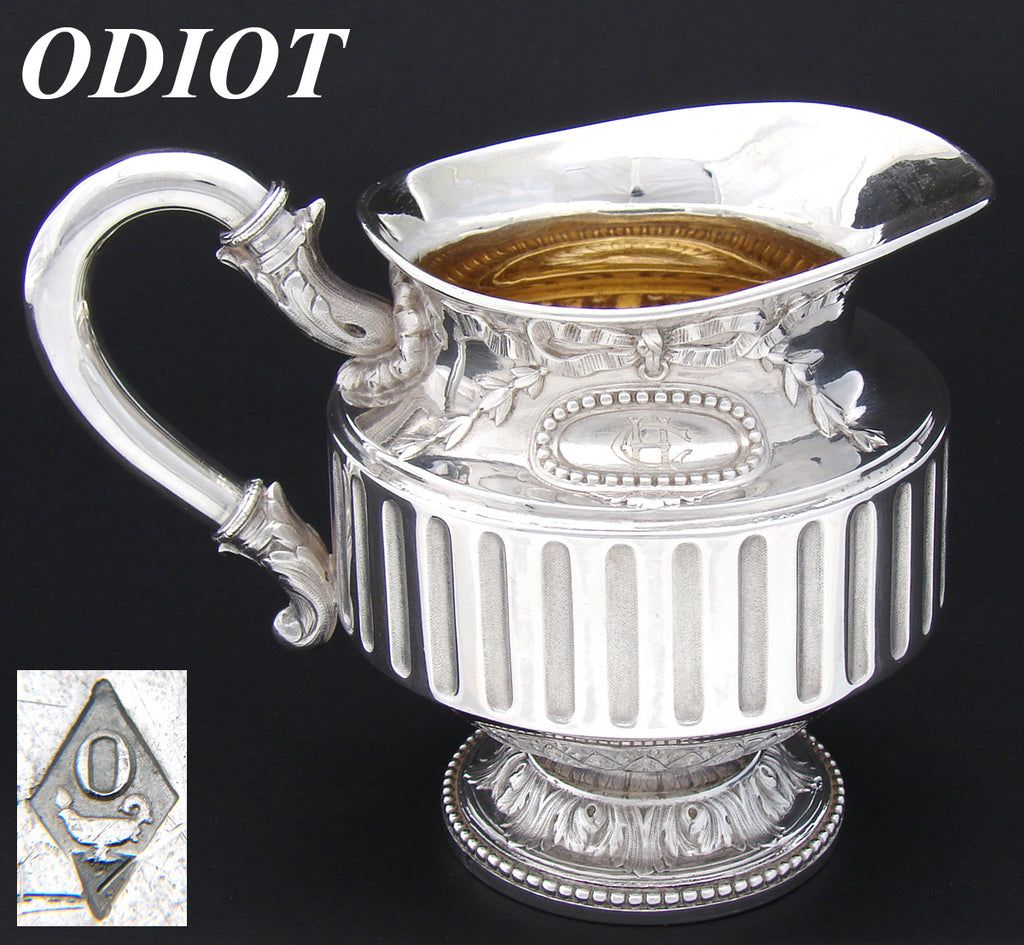 Superb Antique French ODIOT Sterling Silver 12oz Creamer or Solitaire Water Pitcher, Empire Style