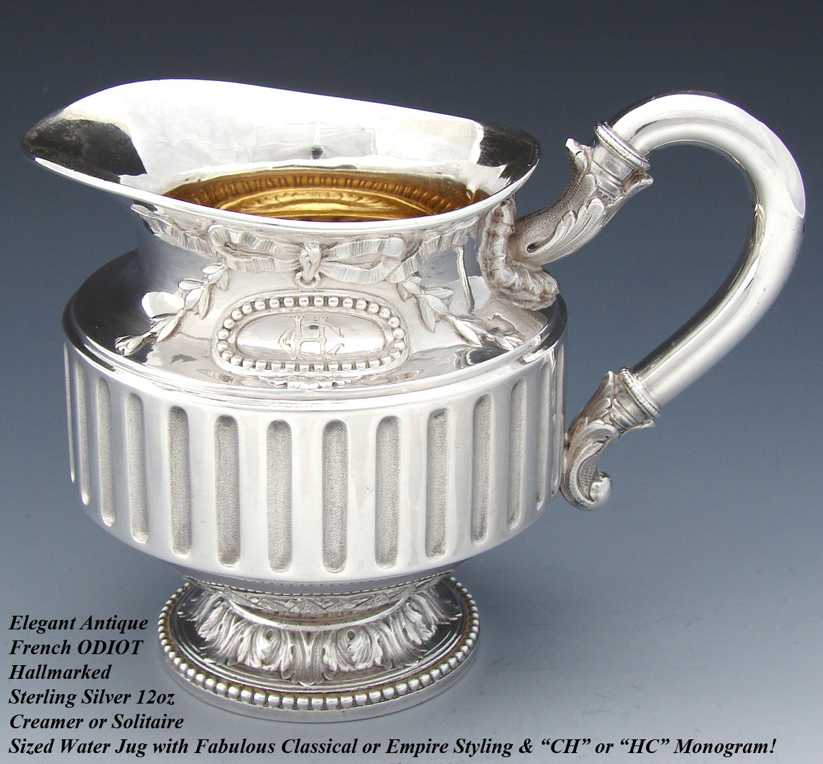 Superb Antique French ODIOT Sterling Silver 12oz Creamer or Solitaire Water Pitcher, Empire Style