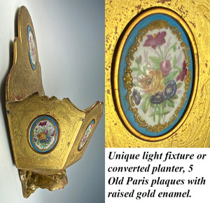 Antique French Wall Pocket, Light Fixture, Jardiniere, 5 Old Paris Porcelain Plaques