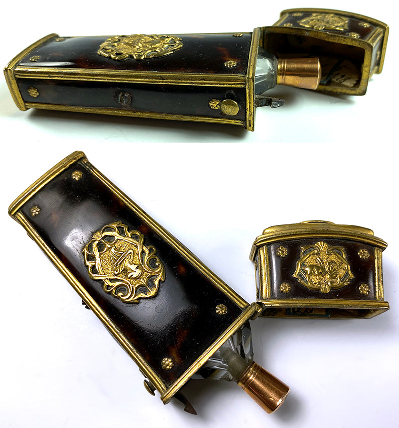 Antique c.1700s French Scent Etui w Perfume Bottle, 18k Cap, Tortoise Shell