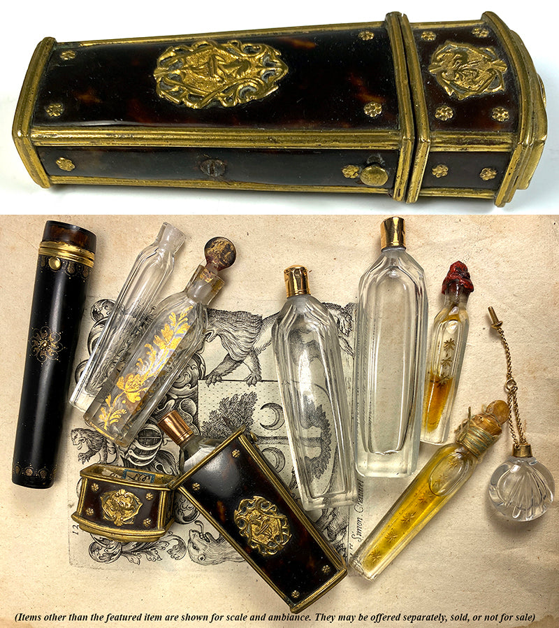 Antique c.1700s French Scent Etui w Perfume Bottle, 18k Cap, Tortoise Shell