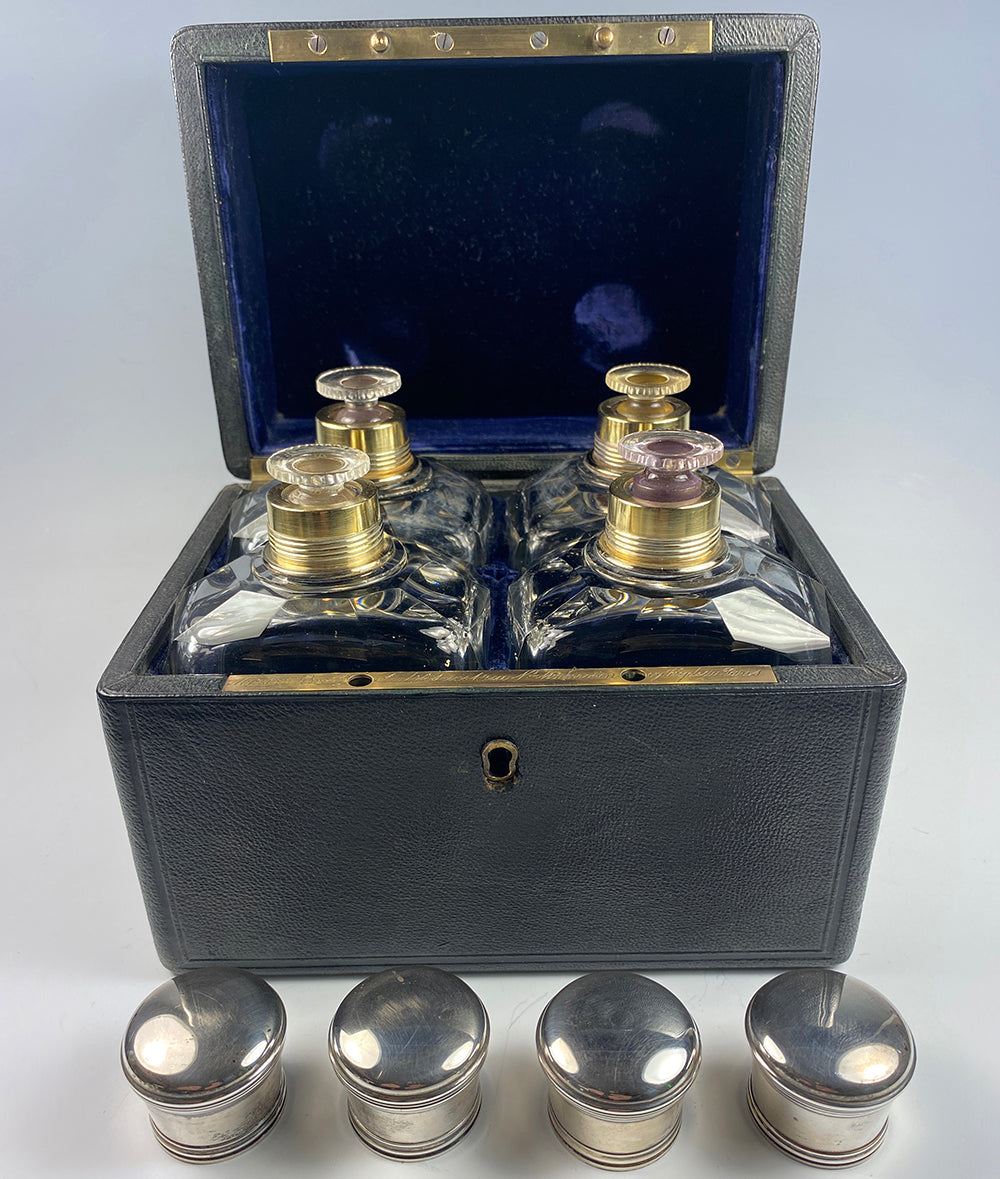 Antique French Napoleon III era VERVELLE, Paris Large Scent Caddy, 4 Perfect Flasks, Perfume Bottles