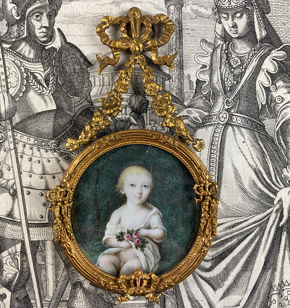 Antique French Portrait Miniature of a Baby Boy, Child, Extended Bow Top Frame