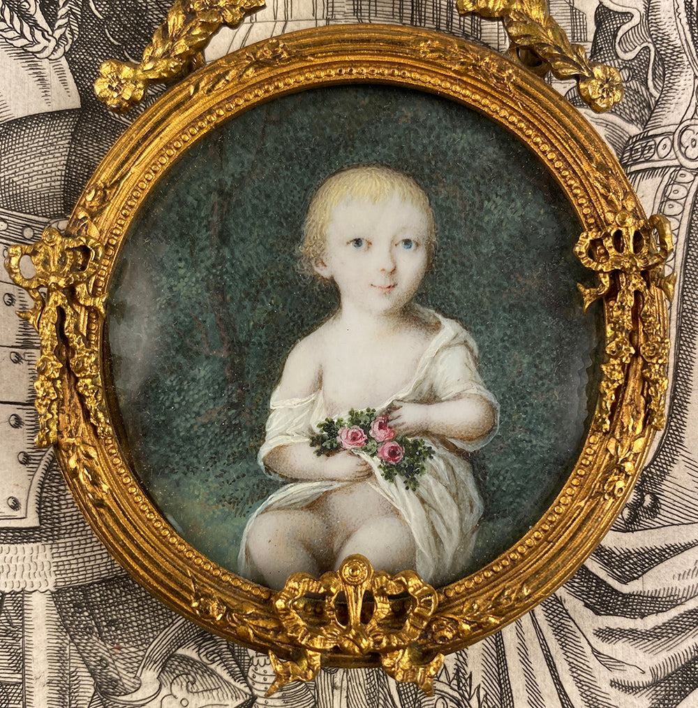 Antique French Portrait Miniature of a Baby Boy, Child, Extended Bow Top Frame