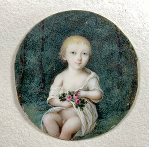 Antique French Portrait Miniature of a Baby Boy, Child, Extended Bow Top Frame