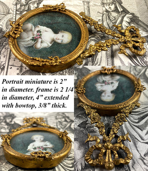 Antique French Portrait Miniature of a Baby Boy, Child, Extended Bow Top Frame