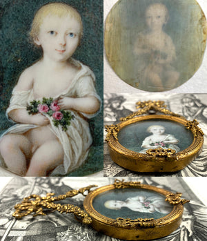 Antique French Portrait Miniature of a Baby Boy, Child, Extended Bow Top Frame