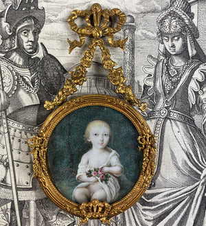 Antique French Portrait Miniature of a Baby Boy, Child, Extended Bow Top Frame