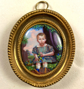 Antique French 18k Frame Kiln-fired Enamel Portrait Miniature of a Child, Young Boy, Baby