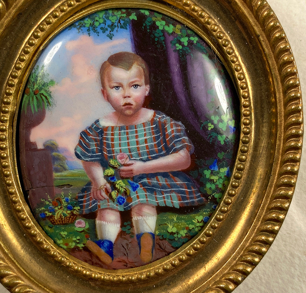 Antique French 18k Frame Kiln-fired Enamel Portrait Miniature of a Child, Young Boy, Baby