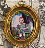 Antique French 18k Frame Kiln-fired Enamel Portrait Miniature of a Child, Young Boy, Baby