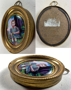 Antique French 18k Frame Kiln-fired Enamel Portrait Miniature of a Child, Young Boy, Baby