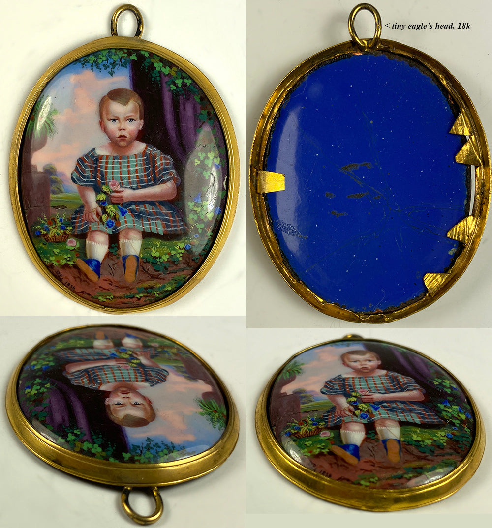 Antique French 18k Frame Kiln-fired Enamel Portrait Miniature of a Child, Young Boy, Baby