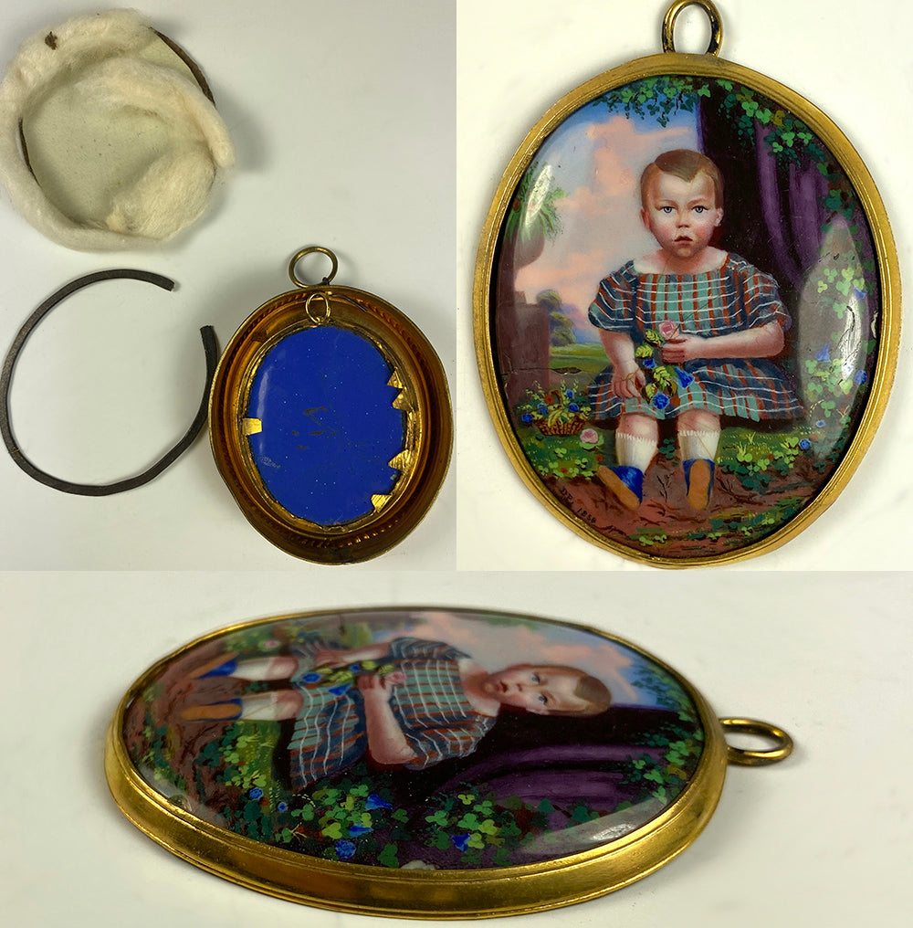 Antique French 18k Frame Kiln-fired Enamel Portrait Miniature of a Child, Young Boy, Baby