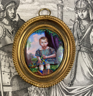 Antique French 18k Frame Kiln-fired Enamel Portrait Miniature of a Child, Young Boy, Baby