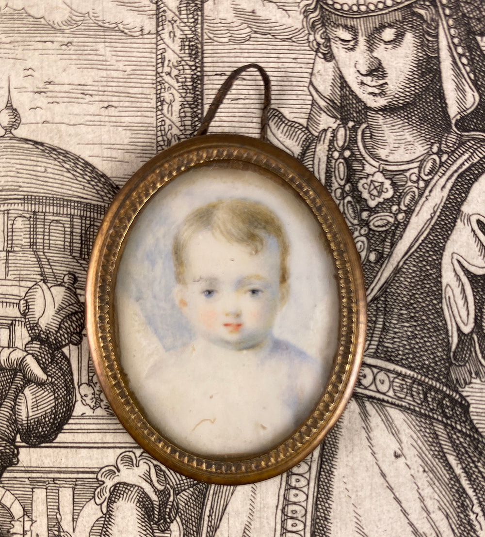 Antique Tiny Portrait Miniature of a Blond Blue-eyed Baby Boy, Child, Gem Frame
