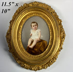 Antique Portrait Miniature, Baby, Child on Porcelain Plaque, Elaborate Victorian Wood Gesso Frame 11.5" x 10"