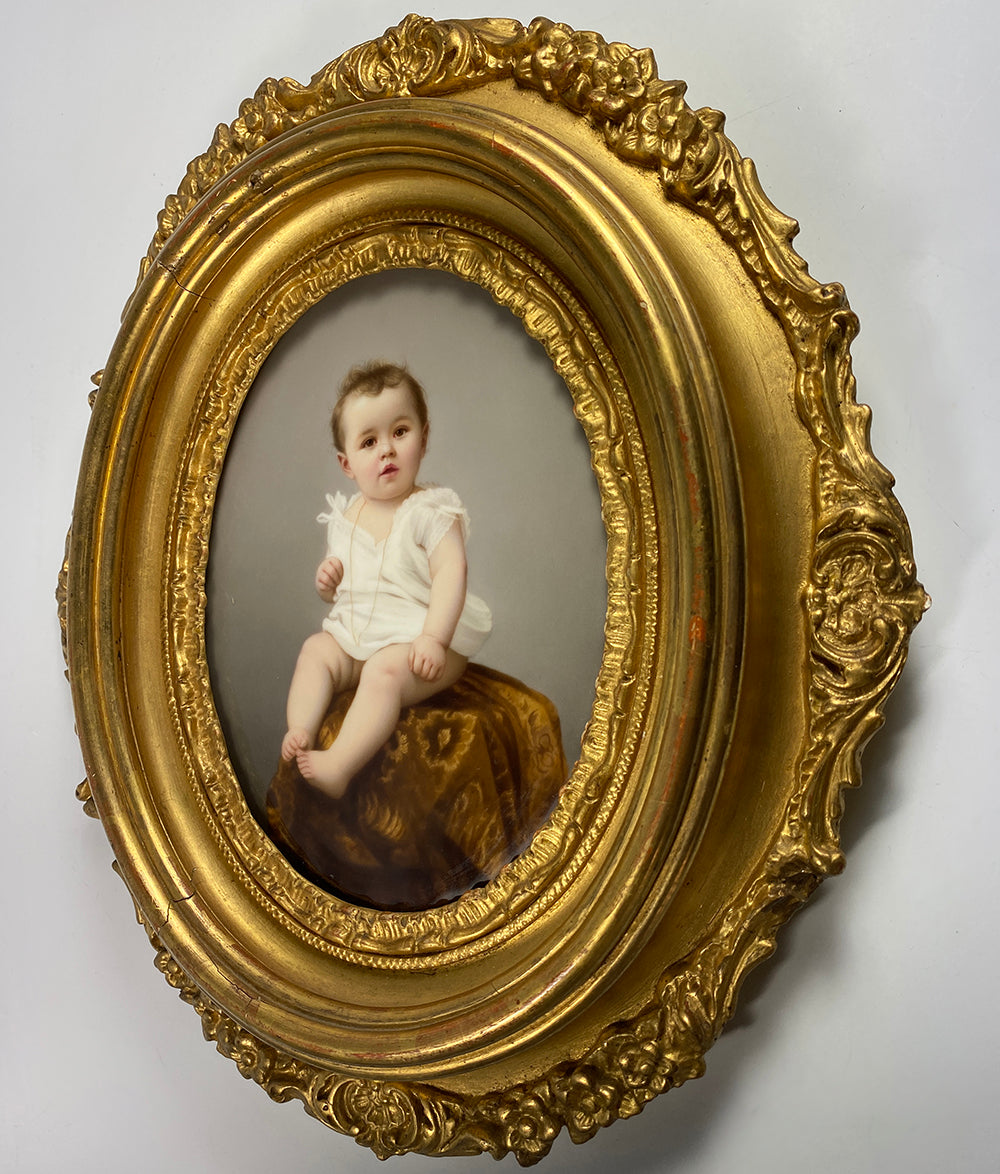 Antique Portrait Miniature, Baby, Child on Porcelain Plaque, Elaborate Victorian Wood Gesso Frame 11.5" x 10"