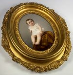 Antique Portrait Miniature, Baby, Child on Porcelain Plaque, Elaborate Victorian Wood Gesso Frame 11.5" x 10"