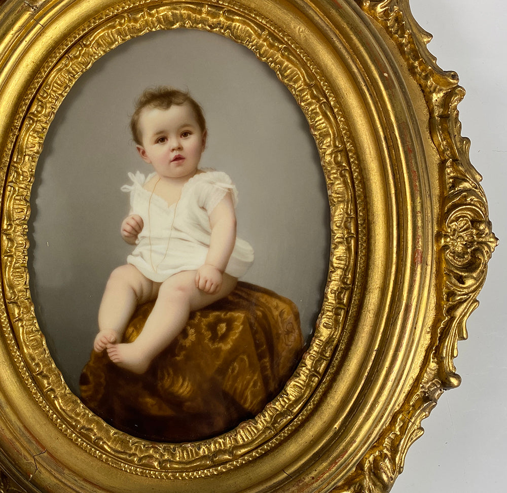 Antique Portrait Miniature, Baby, Child on Porcelain Plaque, Elaborate Victorian Wood Gesso Frame 11.5" x 10"