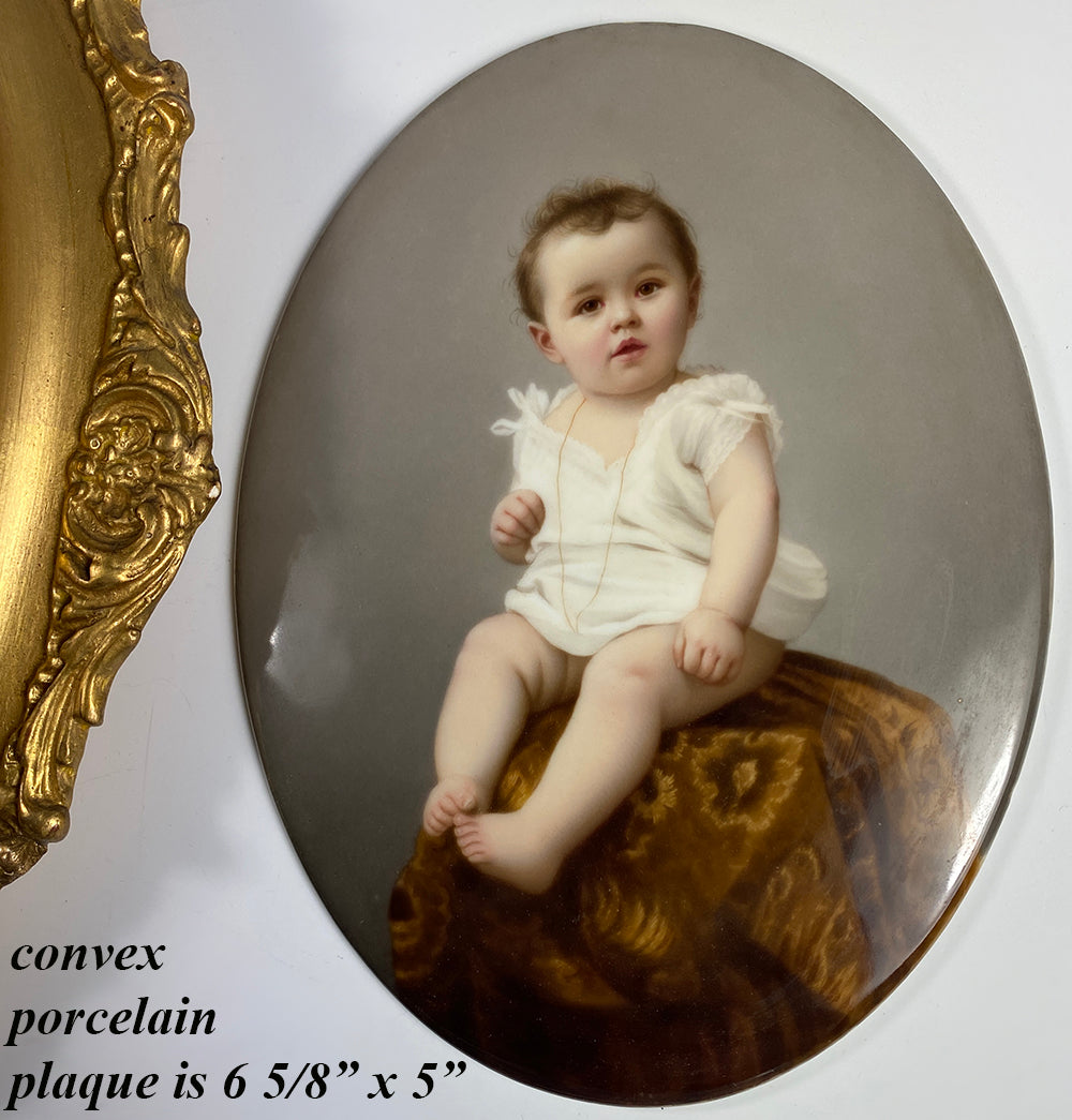 Antique Portrait Miniature, Baby, Child on Porcelain Plaque, Elaborate Victorian Wood Gesso Frame 11.5" x 10"