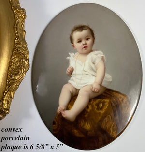 Antique Portrait Miniature, Baby, Child on Porcelain Plaque, Elaborate Victorian Wood Gesso Frame 11.5" x 10"