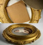 Antique Portrait Miniature, Baby, Child on Porcelain Plaque, Elaborate Victorian Wood Gesso Frame 11.5" x 10"