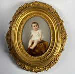 Antique Portrait Miniature, Baby, Child on Porcelain Plaque, Elaborate Victorian Wood Gesso Frame 11.5" x 10"