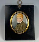 Rare Antique English Portrait Miniature of a Young Boy, Child, c. 1817, in Wood Frame