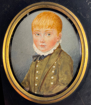 Rare Antique English Portrait Miniature of a Young Boy, Child, c. 1817, in Wood Frame