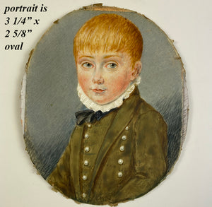 Rare Antique English Portrait Miniature of a Young Boy, Child, c. 1817, in Wood Frame