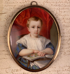 Antique French Portrait Miniature of a Beautiful Child, a Little Blond Blue-Eyed Boy Reading