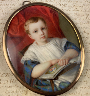 Antique French Portrait Miniature of a Beautiful Child, a Little Blond Blue-Eyed Boy Reading