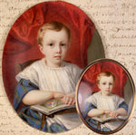 Antique French Portrait Miniature of a Beautiful Child, a Little Blond Blue-Eyed Boy Reading