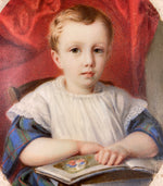 Antique French Portrait Miniature of a Beautiful Child, a Little Blond Blue-Eyed Boy Reading