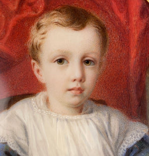 Antique French Portrait Miniature of a Beautiful Child, a Little Blond Blue-Eyed Boy Reading