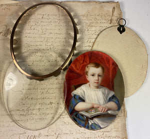 Antique French Portrait Miniature of a Beautiful Child, a Little Blond Blue-Eyed Boy Reading