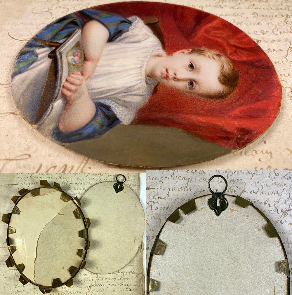 Antique French Portrait Miniature of a Beautiful Child, a Little Blond Blue-Eyed Boy Reading