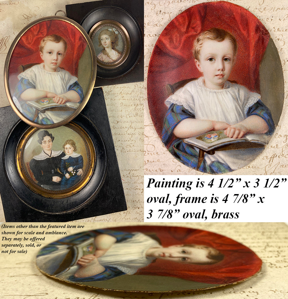 Antique French Portrait Miniature of a Beautiful Child, a Little Blond Blue-Eyed Boy Reading