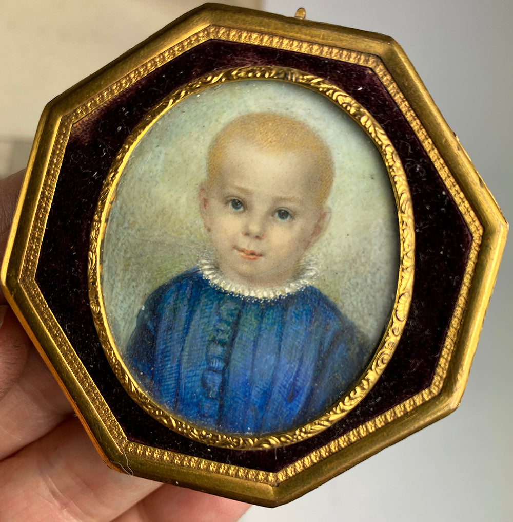 Antique c.1840-60 French Portrait Miniature of a Child, Baby, Toddler Boy, in Frame