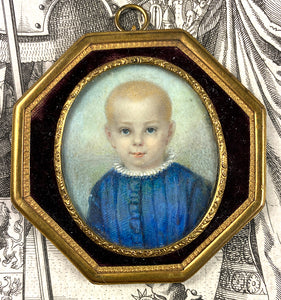 Antique c.1840-60 French Portrait Miniature of a Child, Baby, Toddler Boy, in Frame