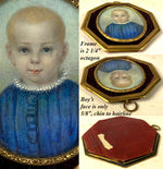 Antique c.1840-60 French Portrait Miniature of a Child, Baby, Toddler Boy, in Frame