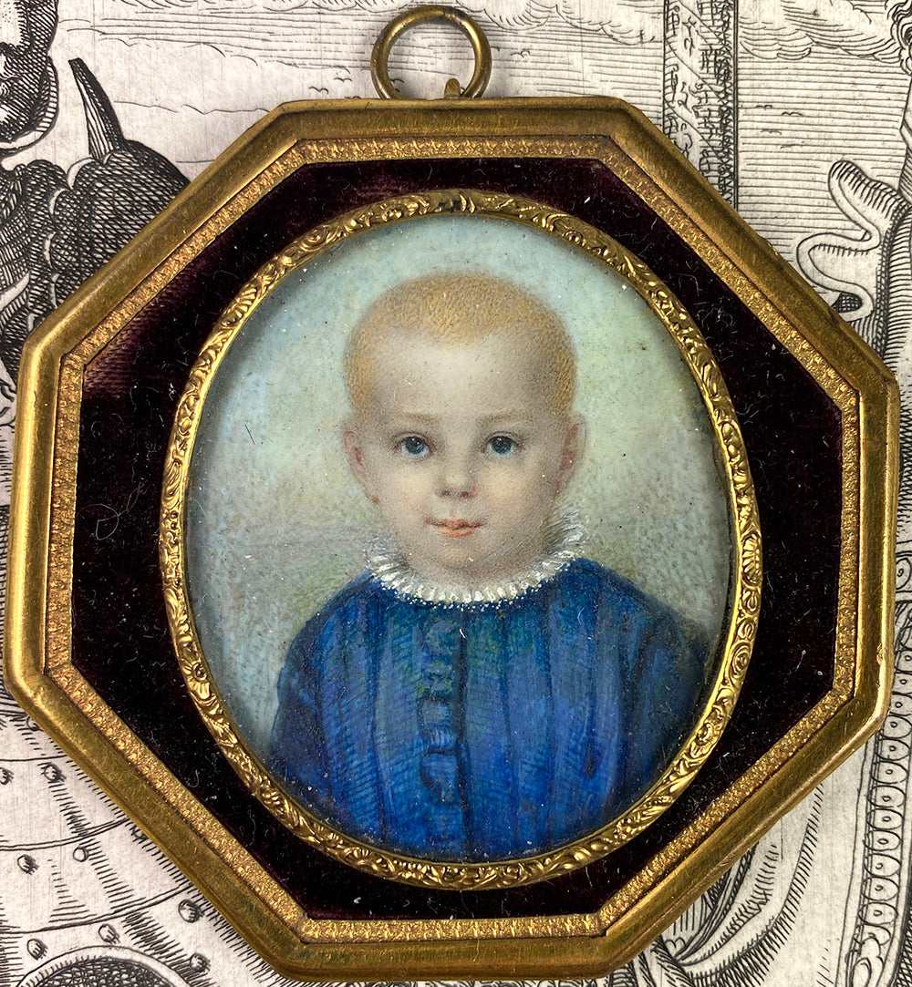 Antique c.1840-60 French Portrait Miniature of a Child, Baby, Toddler Boy, in Frame