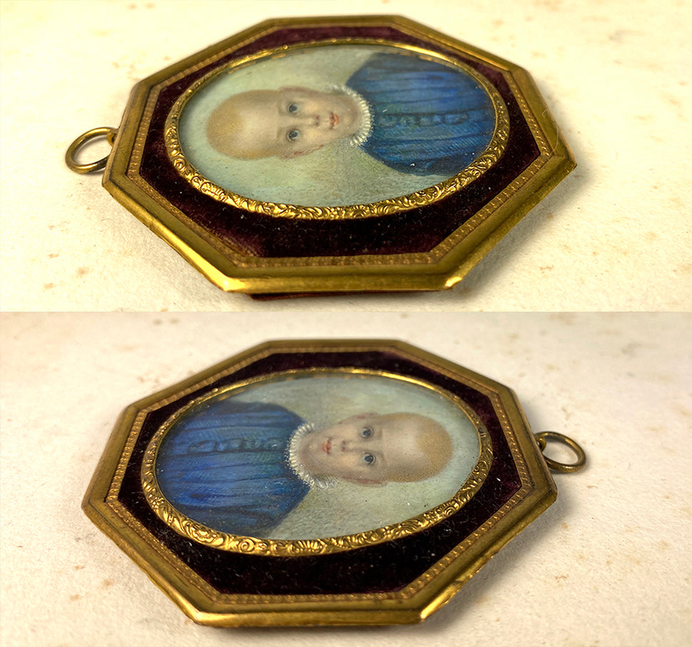 Antique c.1840-60 French Portrait Miniature of a Child, Baby, Toddler Boy, in Frame