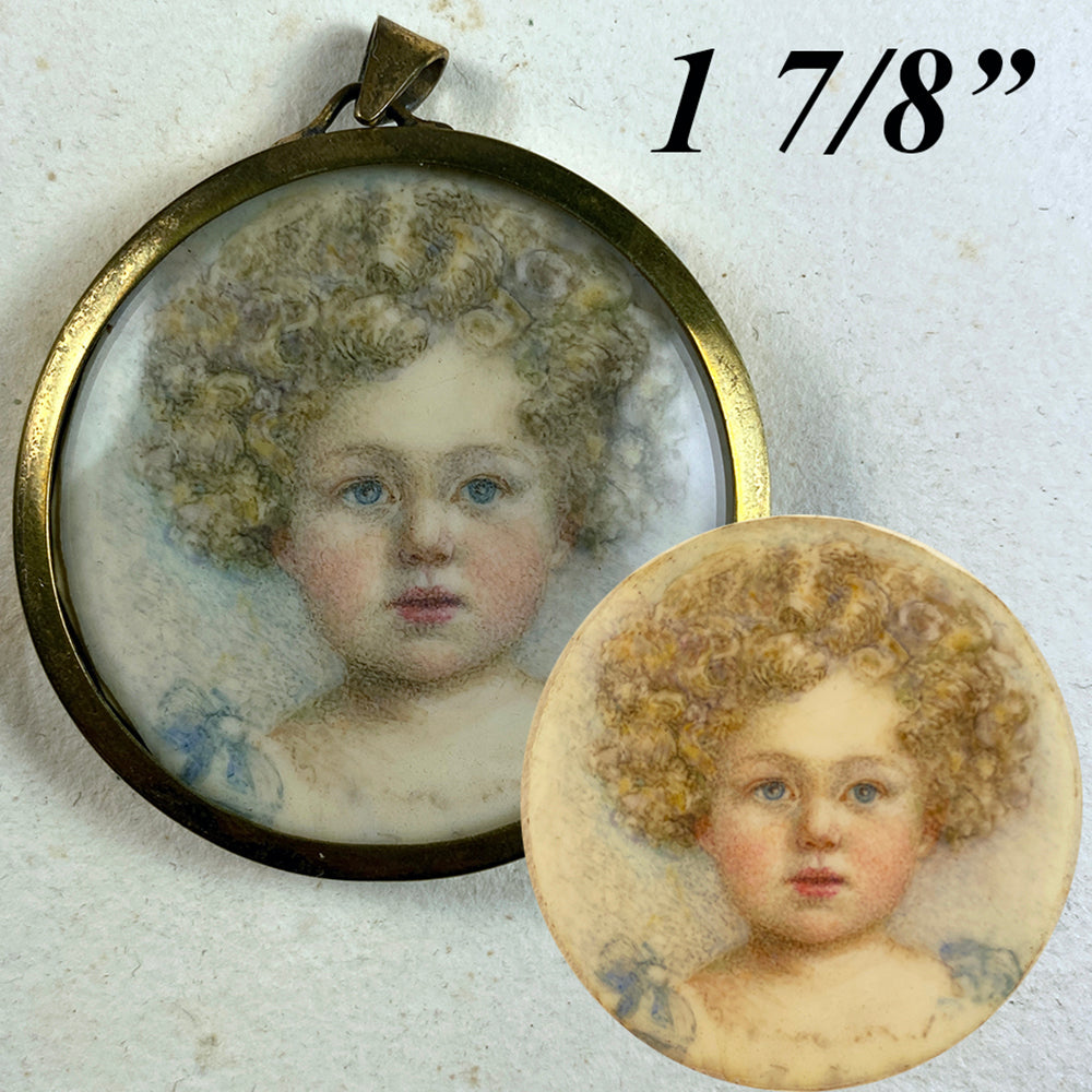 Antique English Portrait Miniature of a Curly Hair Blond Baby Boy, "Harry" in Pendant Frame