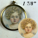 Antique English Portrait Miniature of a Curly Hair Blond Baby Boy, "Harry" in Pendant Frame