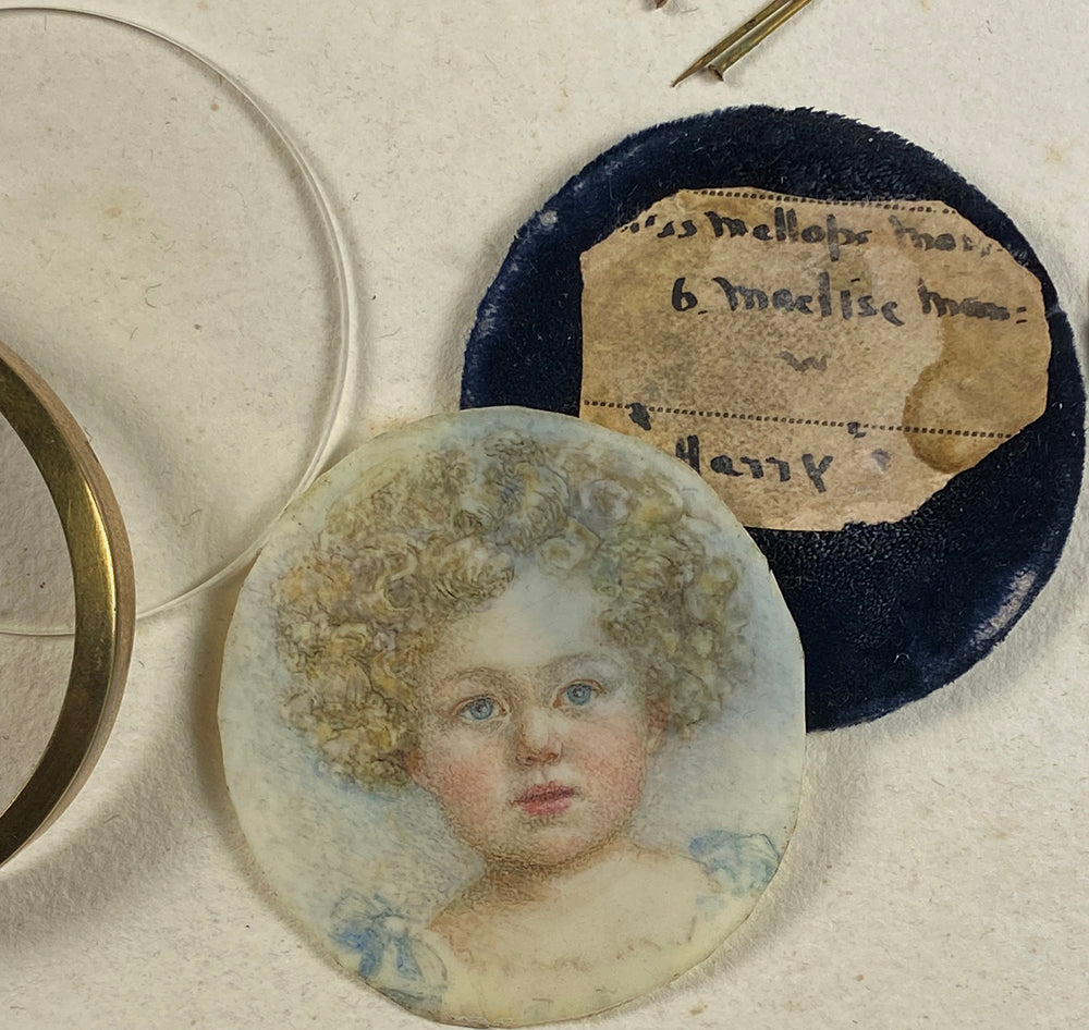 Antique English Portrait Miniature of a Curly Hair Blond Baby Boy, "Harry" in Pendant Frame