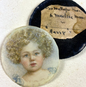 Antique English Portrait Miniature of a Curly Hair Blond Baby Boy, "Harry" in Pendant Frame