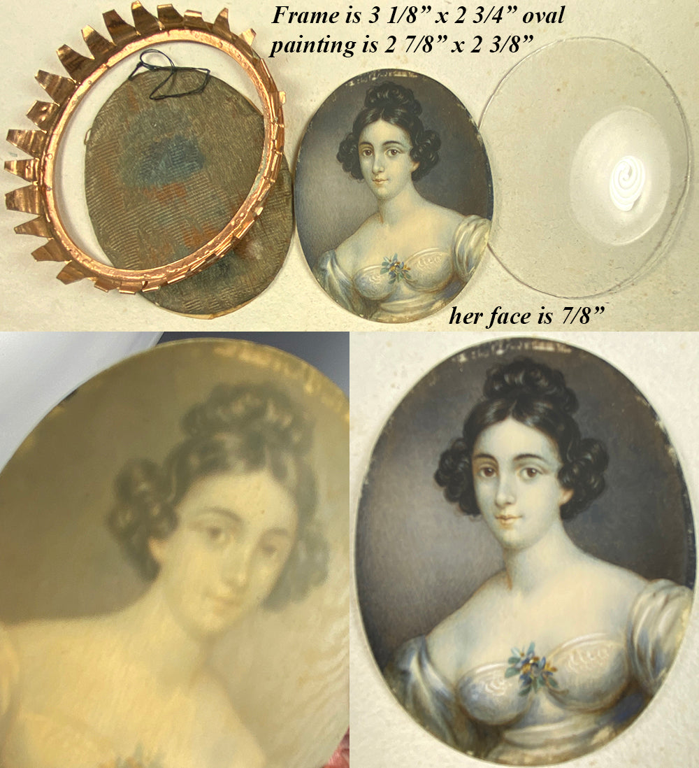 Antique French Portrait Miniature, Beautiful Young Woman c.1820s, 16k Gold Fronted Frame