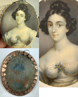 Antique French Portrait Miniature, Beautiful Young Woman c.1820s, 16k Gold Fronted Frame